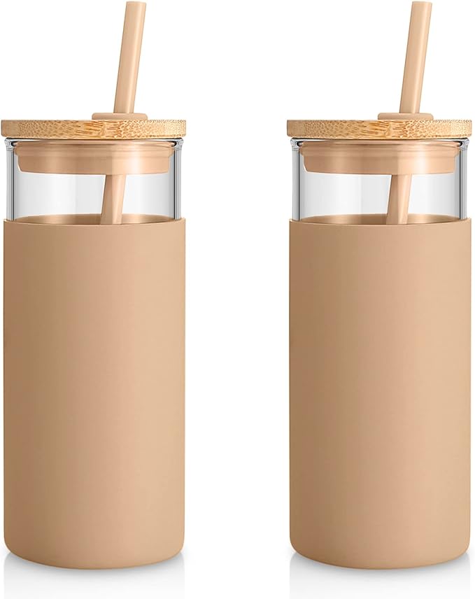 Tronco 20 oz Glass Tumbler Glass Water Bottle Straw Silicone Protective Sleeve Bamboo Lid - BPA Free- Amber/2 Pack