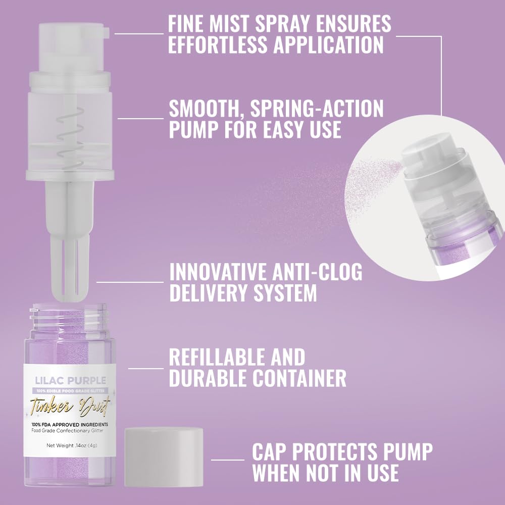 Bakell - Lilac Purple Tinker Dust (4g, 1x Mini Spray Pump) Edible Glitter for Food, Desserts, and Baked goods!