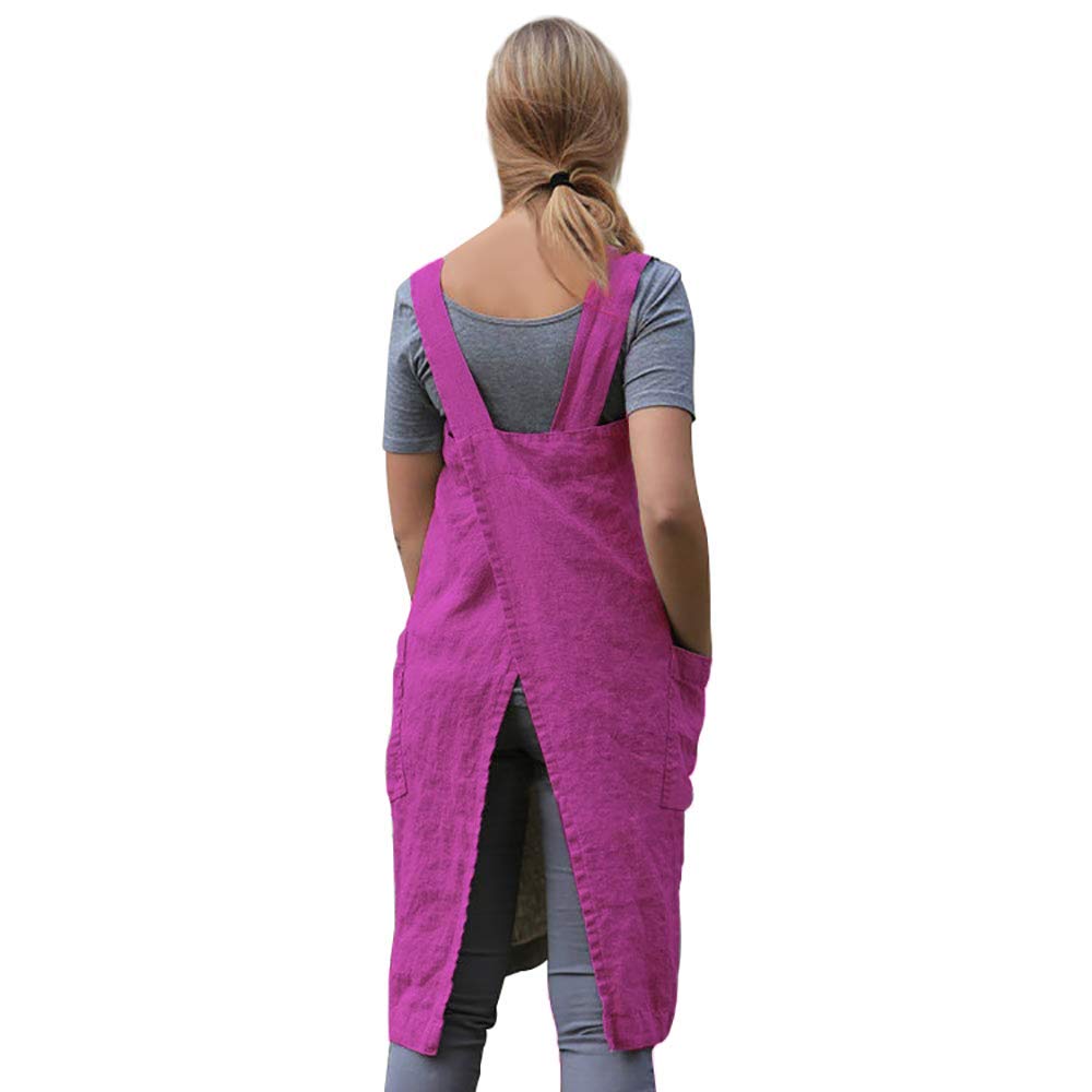 Larmliss Women's Pinafore Square Apron Baking Cooking Gardening Works Cross Back Cotton/Linen Blend Dress with 2 Pockets Purple Red-2XL