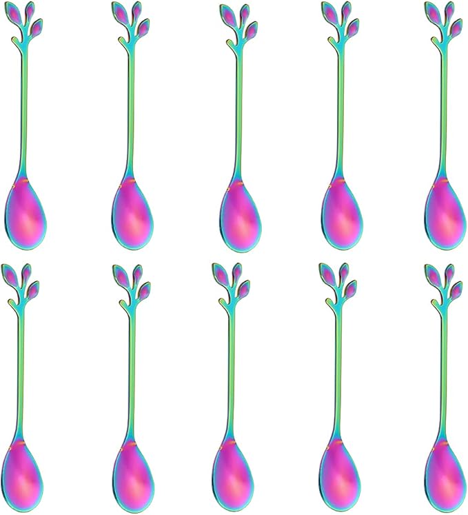 AnSaw Elegant Rainbow Leaf Coffee Spoons - 10-Piece, 4.7" Mini Stainless Steel Espresso & Dessert Tea Spoons, Perfect for Demitasse & Small Servings