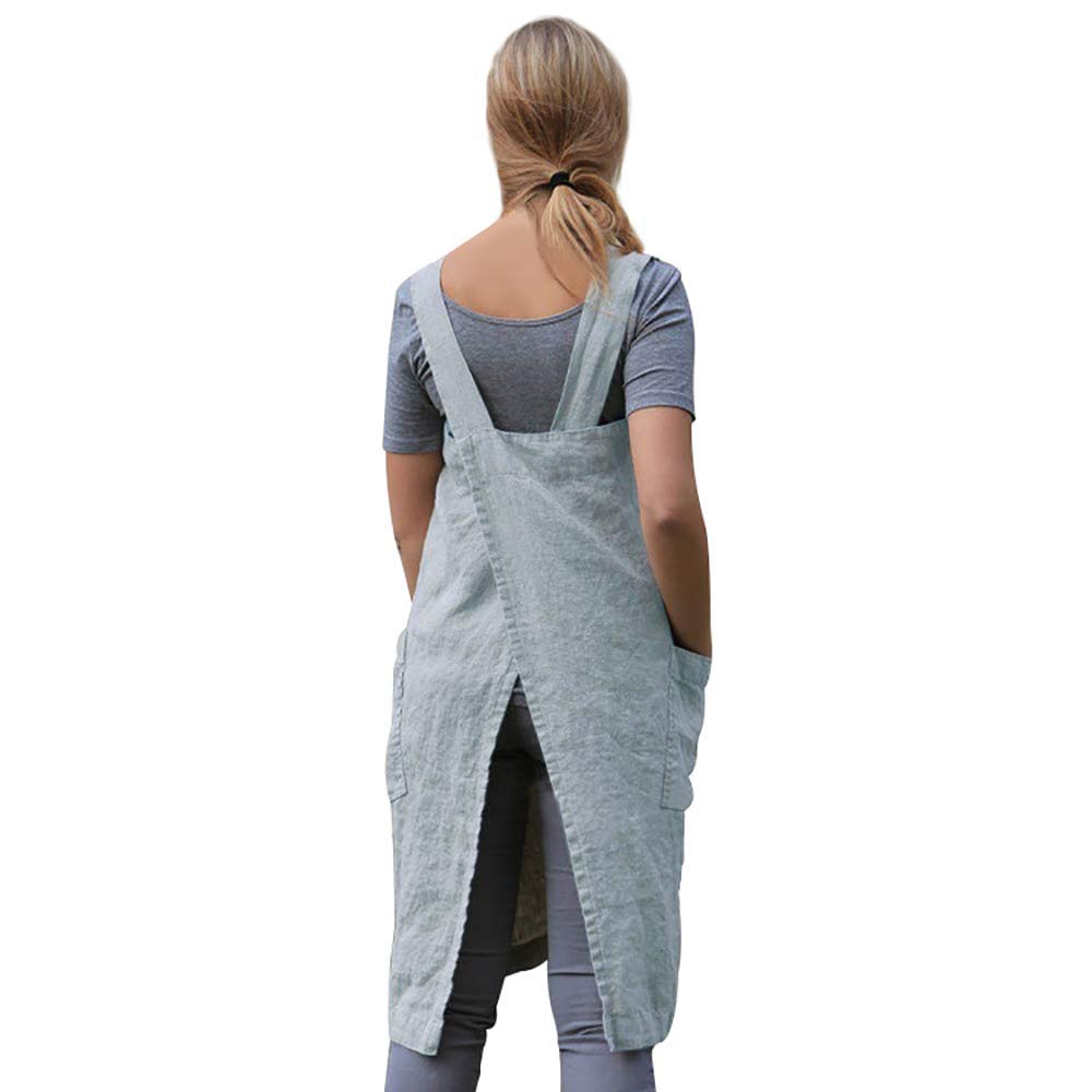 Larmliss Women's Pinafore Square Apron Baking Cooking Gardening Works Cross Back Cotton/Linen Blend Dress with 2 Pockets Light Blue-L