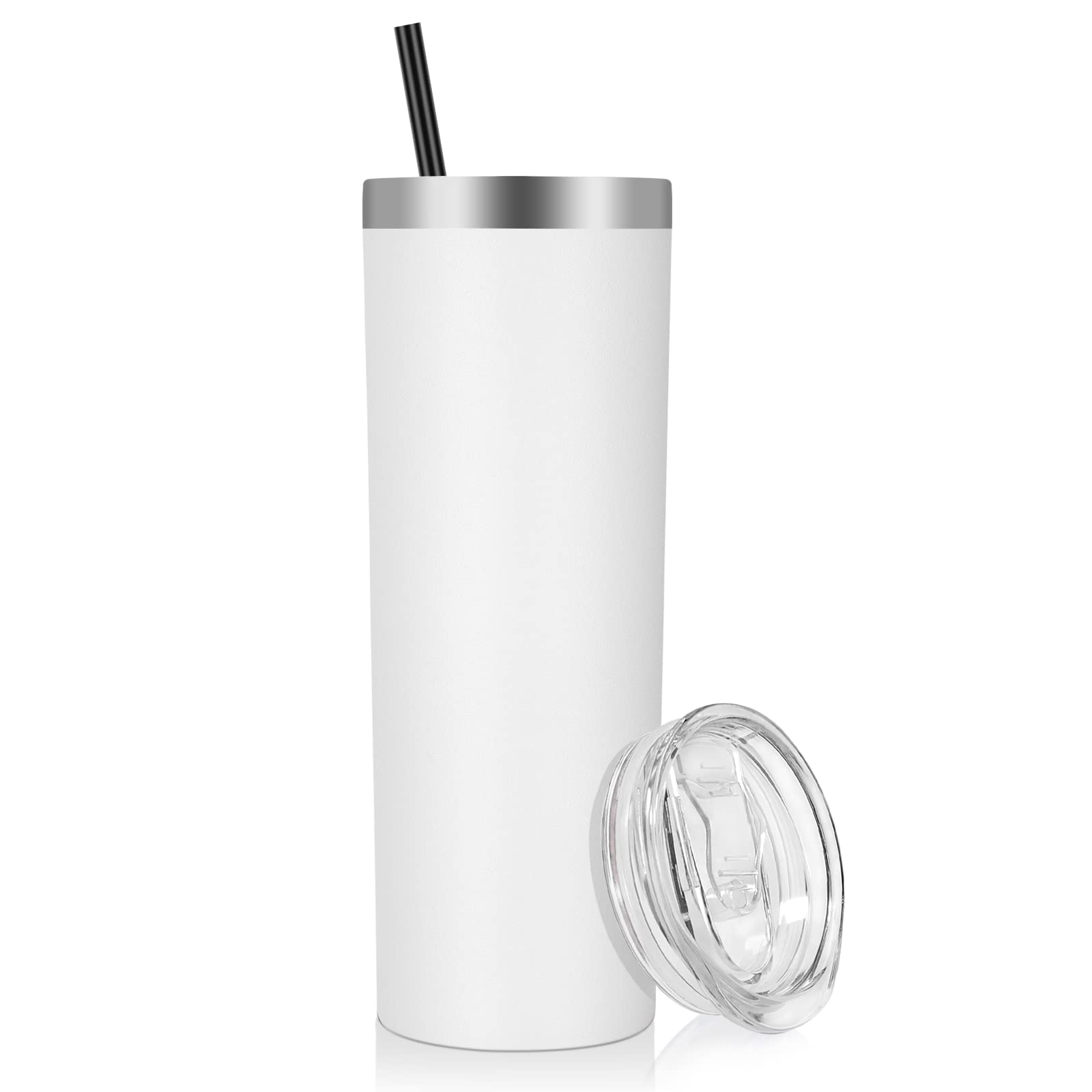 VEGOND Stainless Steel Skinny Tumbler, 20 oz Vacuum Insulated Tumbler with Lid and Straw, Double Wall Coffee Cup, Travel Mug for Cold Hot Drinks, White 1 Pack