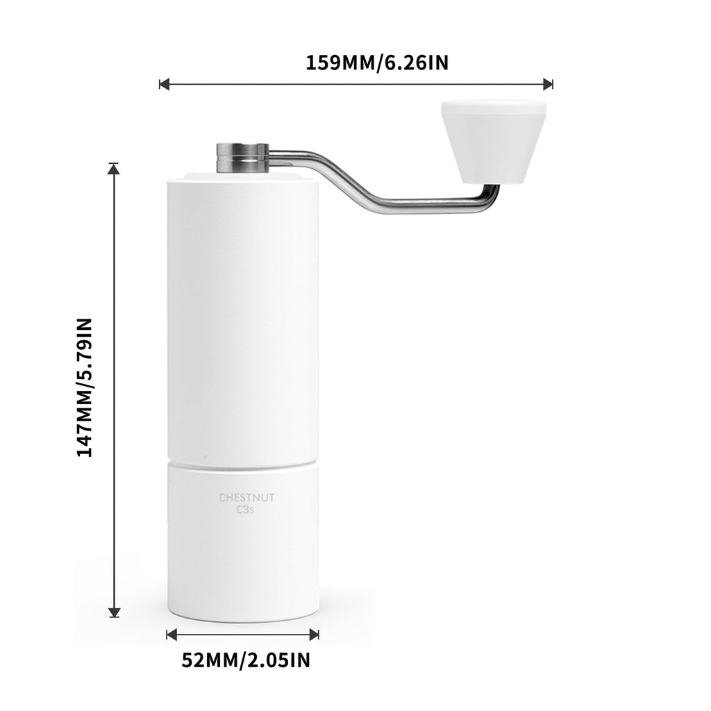 TIMEMORE Chestnut C3S Manual Coffee Grinder with CNC Stainless Steel Conical Burr Capacity 25g, Internal Adjustable Setting, Double Bearing Positioning for Travel, Camping, White
