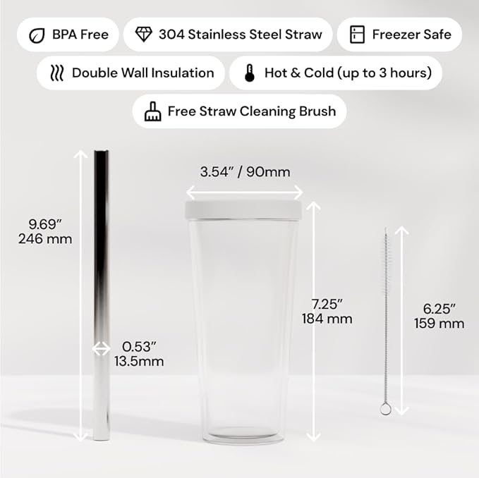 Reusable Boba Cup with Resealable Lid Plug - 17 Oz Double Wall Insulated | Smoothie Tumbler | Wide Stainless Steel Straw For Bubble Tea, Boba Pearls - White