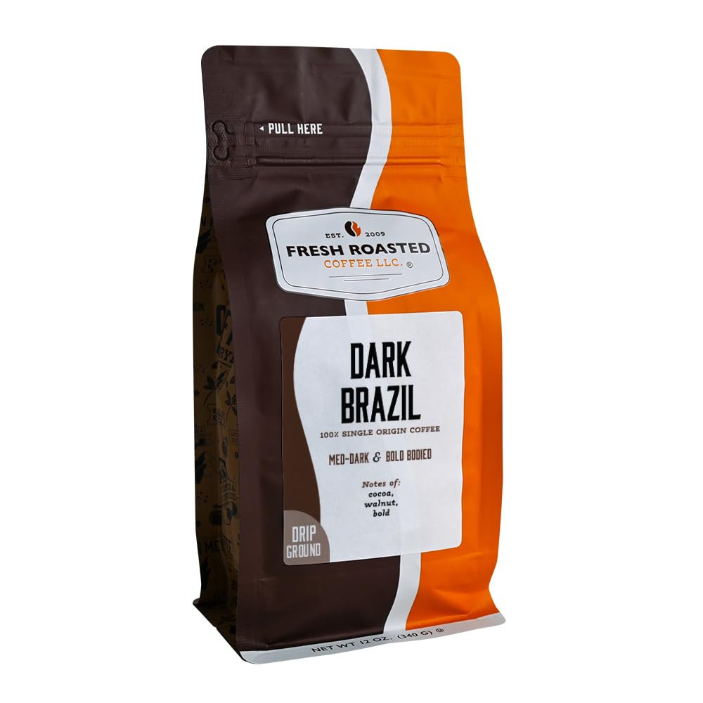 Fresh Roasted Coffee, Dark Brazil Drip Ground Coffee, Med-Dark Roast, Kosher, 12 oz