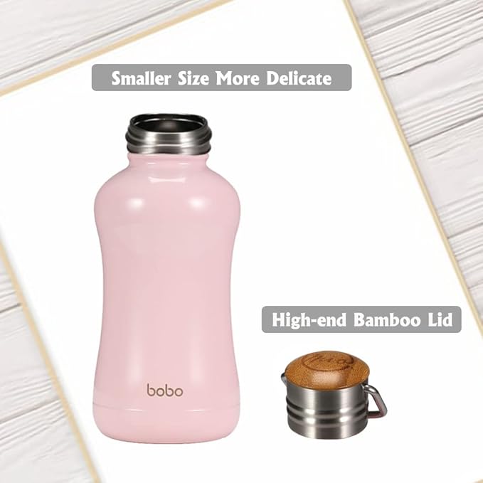 YOHKOH Mini Insulated Water Bottle With Bamboo Lid - 8.8oz Small Vacuum Insulated Water Bottle for Women Kids, 12 Hrs Hot & 24 Hrs Cold Stainless Steel Thermos Leak-Proof BPA-Free (8.8oz,Pink)