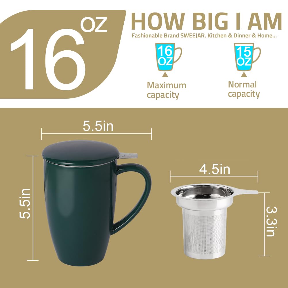 Sweejar Porcelain Tea Infuser Mug with Lid, 16 oz Teacup with Strainers for Loose Leaf Tea, Microwave and Dishwasher Safe Coffee Mug(Turquoise)