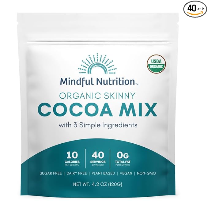 Mindful Nutrition Organic Skinny Hot Cocoa Mix - 40 Servings - Sugar Free Hot Chocolate Mix Gluten Free Dark Chocolate High Flavonoid Slimming Chocolate Powder Keto Friendly Dairy Free Vegan Low Carb