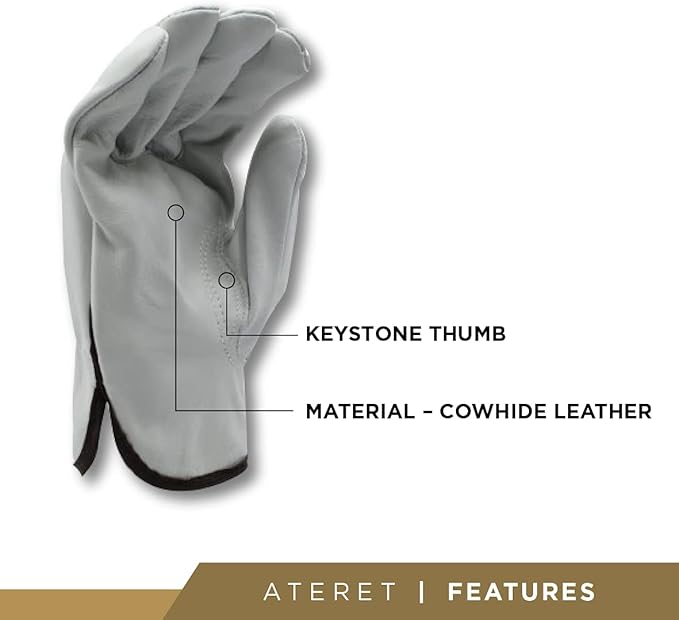 ATERET 12 Pairs Medium Heavy Duty Durable Cowhide Leather Work Gloves I Driver Gloves for Truck Driving, Warehouse, Gardening, Farming