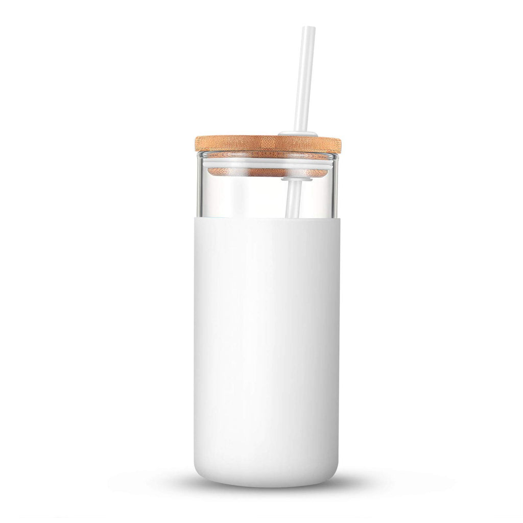 Tronco 20 oz Glass Tumbler with Lid and Straw, Iced Coffee Cup and Smoothie Cup with Bamboo Lids & Protective Silicone Sleeve, Dishwasher Safe, BPA-Free, Glass Cup 2 Pack