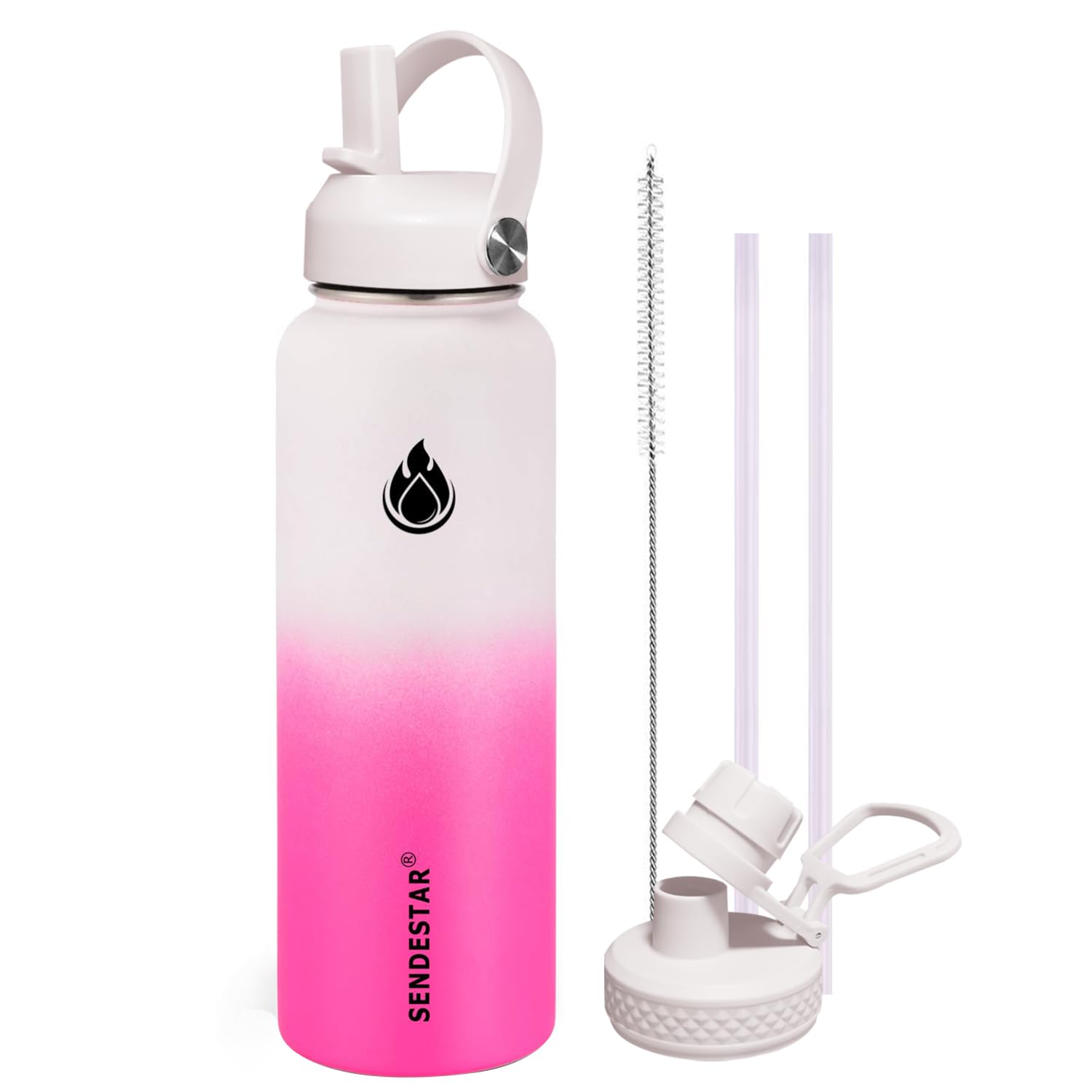 SENDESTAR Stainless Steel Wide Mouth Water Bottle 32oz Double Wall Vacuum Insulated Leak Proof Bottle with New Flex Straw Lid & Spout Lid XIN-WP-32OZ-1