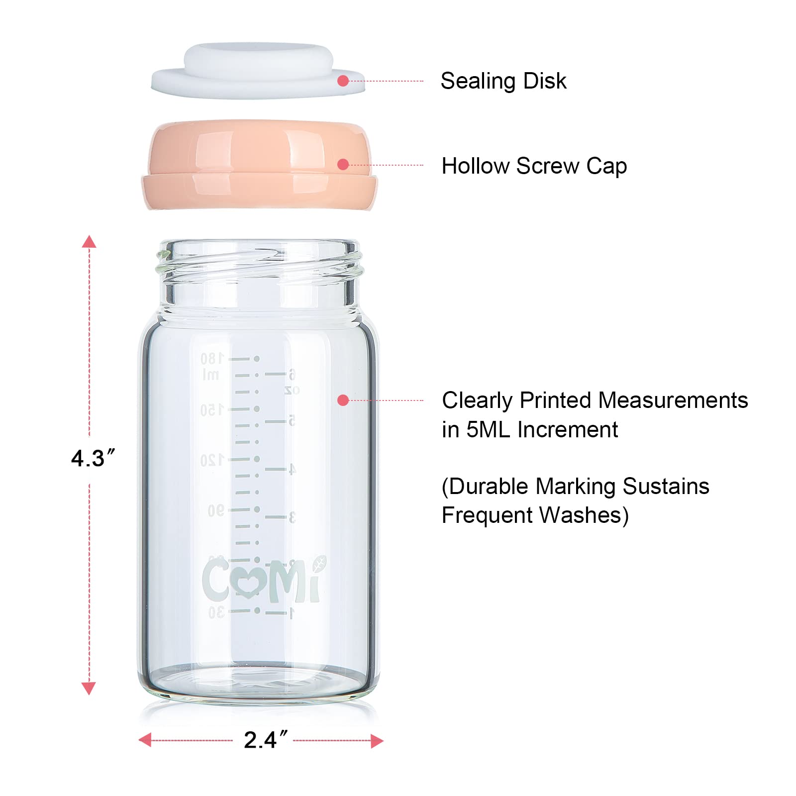 COMI Wide Neck Glass Breastmilk Collection n Storage Bottle, 4 Packs, 6oz with Screw Ring Sealing Disk; Re-markable Sealing Disc. BPA Free, Fits Breast Pumps & Nipples (4 Pink Lids)