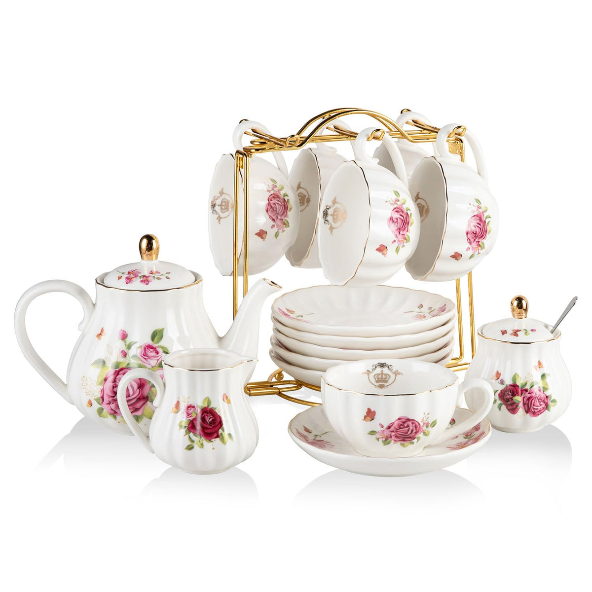 Sweejar Porcelain Tea Sets British Royal Series, 8 OZ Cups & Saucer Service for 6, with Teapot Sugar Bowl Cream Pitcher Teaspoons and Tea Strainer, Suitable for High Tea, Wedding, Party(Blush Pink)
