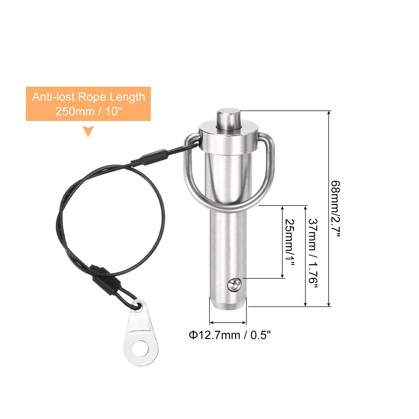 uxcell 1 Pcs Quick Release Pin, 1/2" x 1"(Dia. x L) Push-Button Ball Locking Pin 304 Stainless Steel Ring Handle Locking Pin with Wire for Audio Bimini Top Marine, Silver