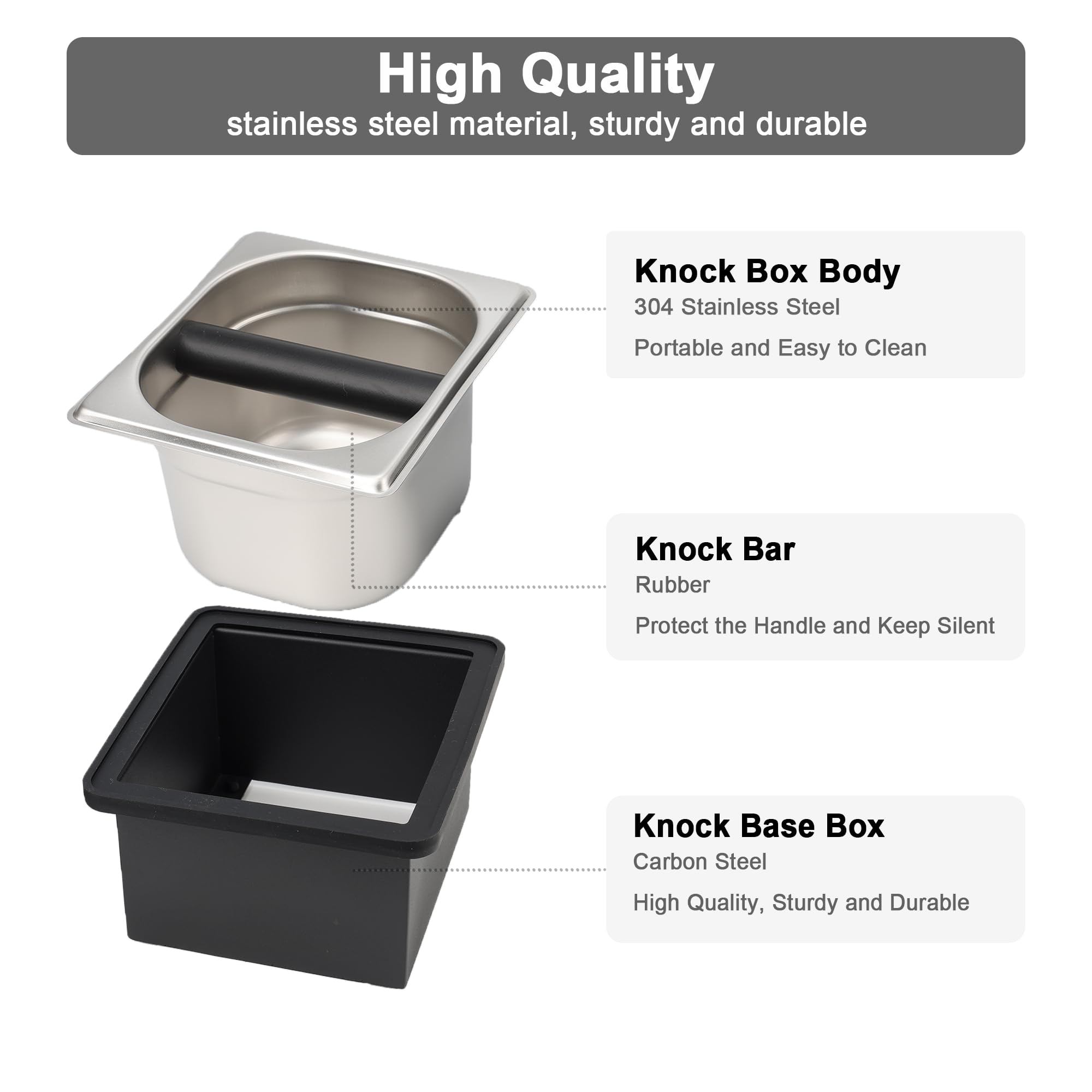 YURICK Espresso Knock Box, Coffee Knock Box for Espresso Grounds Disposal, Large Capacity, Equipped with Noise Reduction Rubber Ring & Steel Holder, Ideal Tool for Espresso Machines, Black (Small)