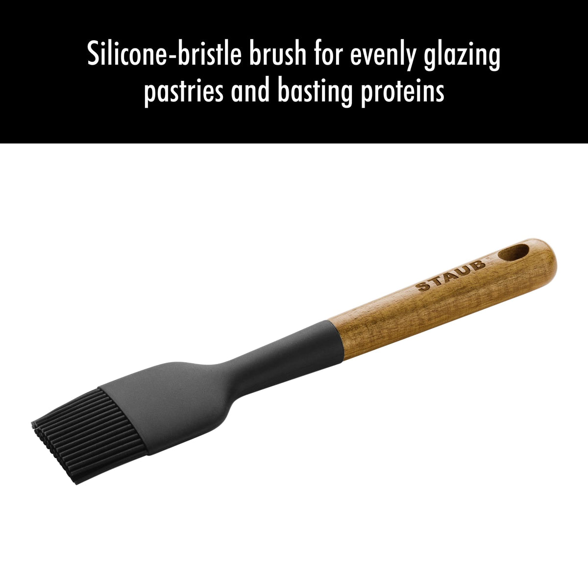 STAUB Pastry Brush, Perfect for Evenly Glazing Pastries and Basting Meats, Durable BPA-Free Matte Black Silicone, Acacia Wood Handles, Safe for Nonstick Cooking Surfaces