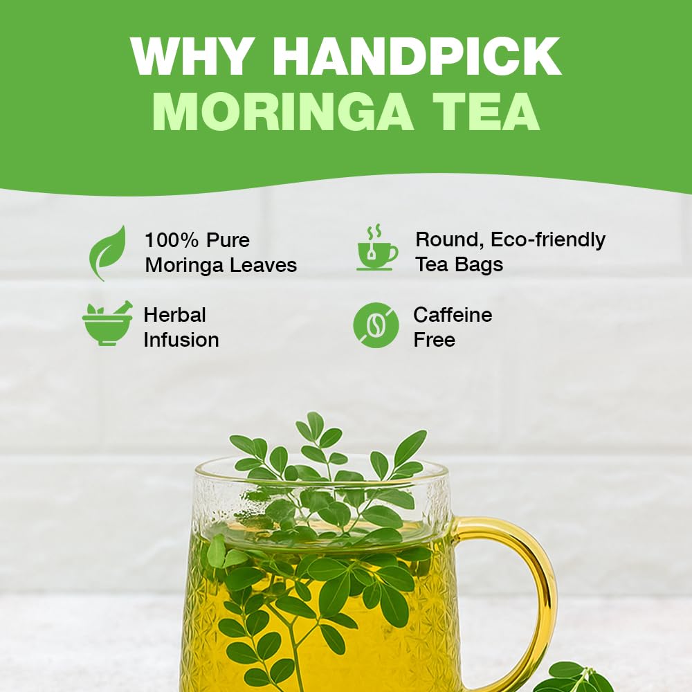 HANDPICK, Organic Moringa Tea Bags (100 Count), Pure Moringa Leaves | Authentic Indian Origin | Caffeine Free, Non GMO | Round Eco-conscious Teabags