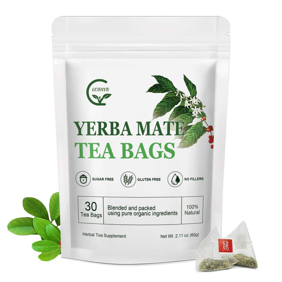 Unsmoked Yerba Mate Tea Bags, Natural Organic Yerba Matte Rich in Chlorophyll, Antioxidants and Vitamins, 30 Tea Bags