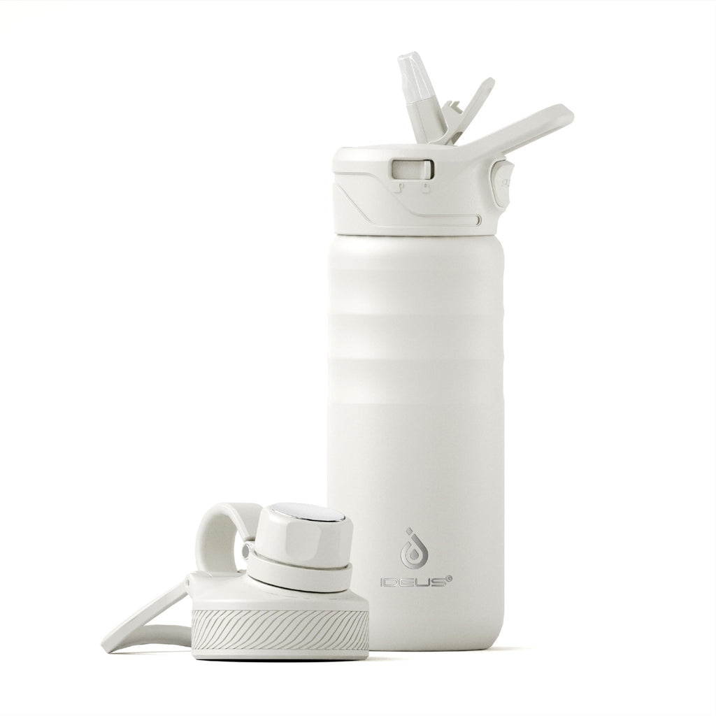 IDEUS 18oz Stainless Steel Insulated Bottle with 2 Leak-Proof Lids, White
