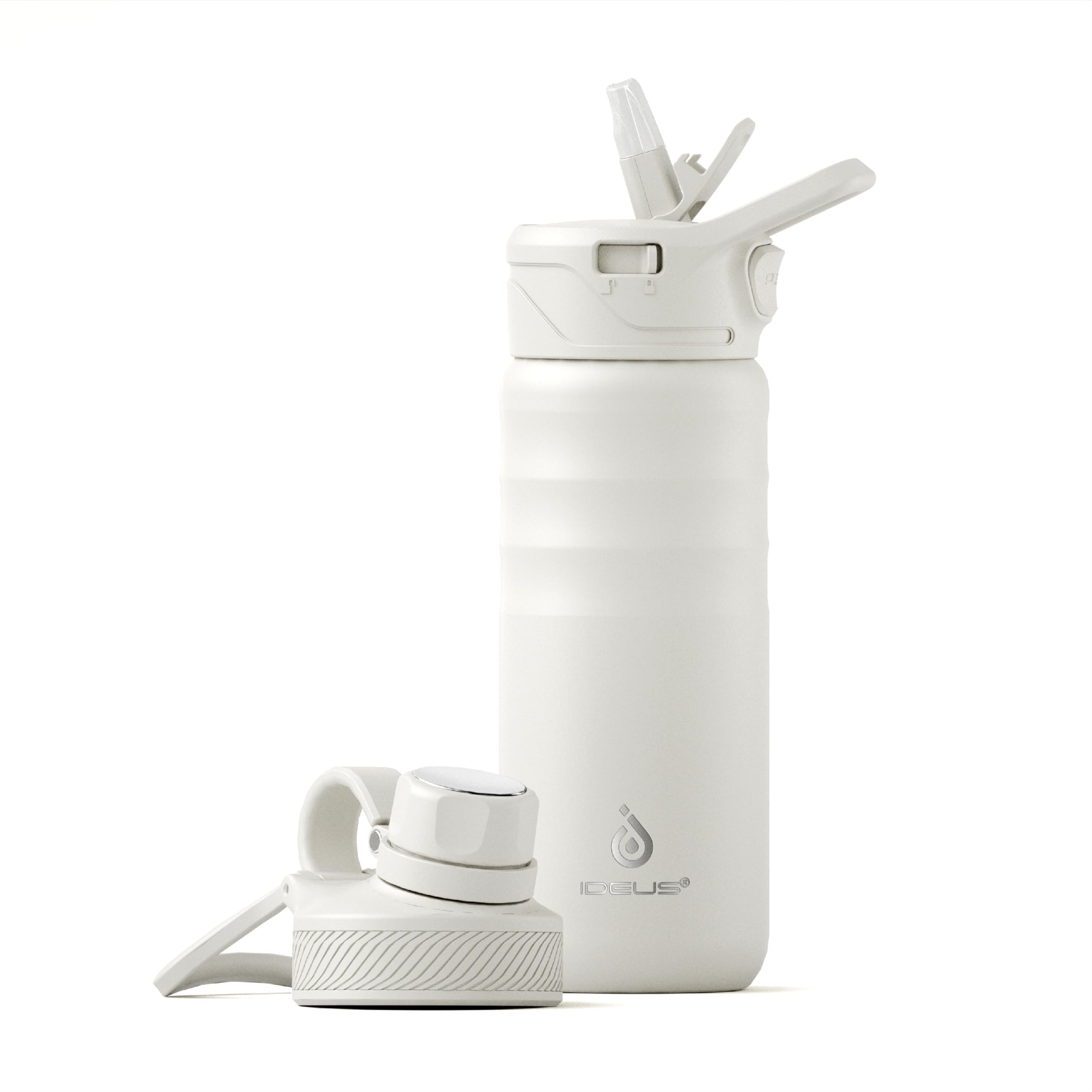 IDEUS 18oz Stainless Steel Insulated Bottle with 2 Leak-Proof Lids, White