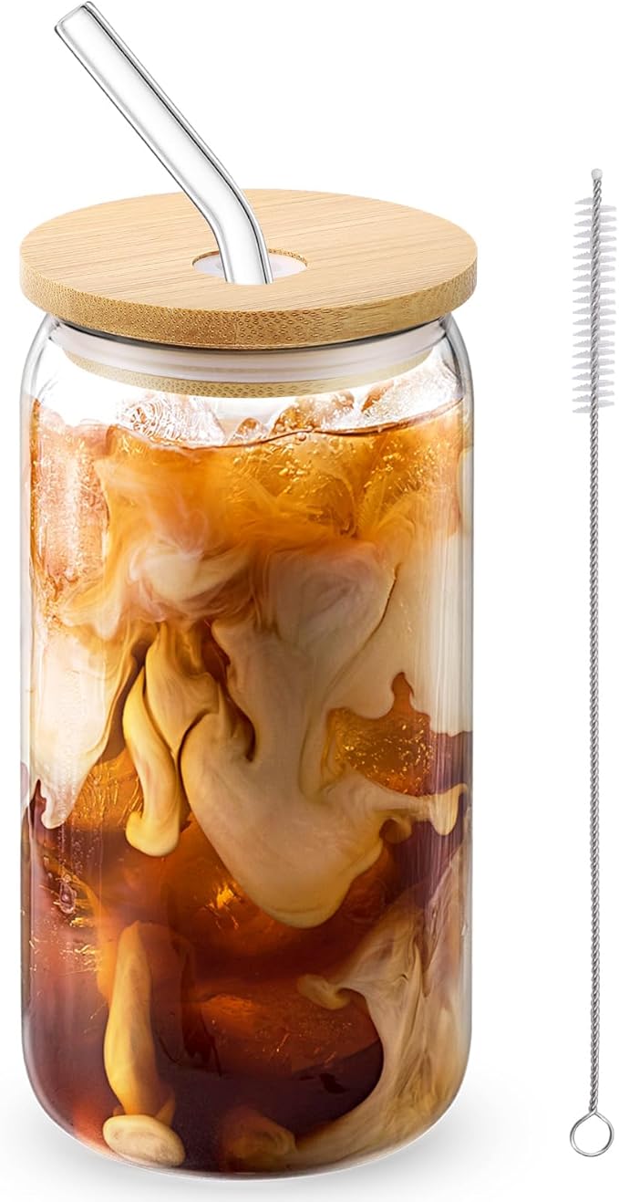 CWHHRN Glass Cups with Straw 6 Set, 16oz Beer Glasses, Glass Coffee Cups, Iced Coffee Glasses, Glass Tumbler for Whiskey, Soda