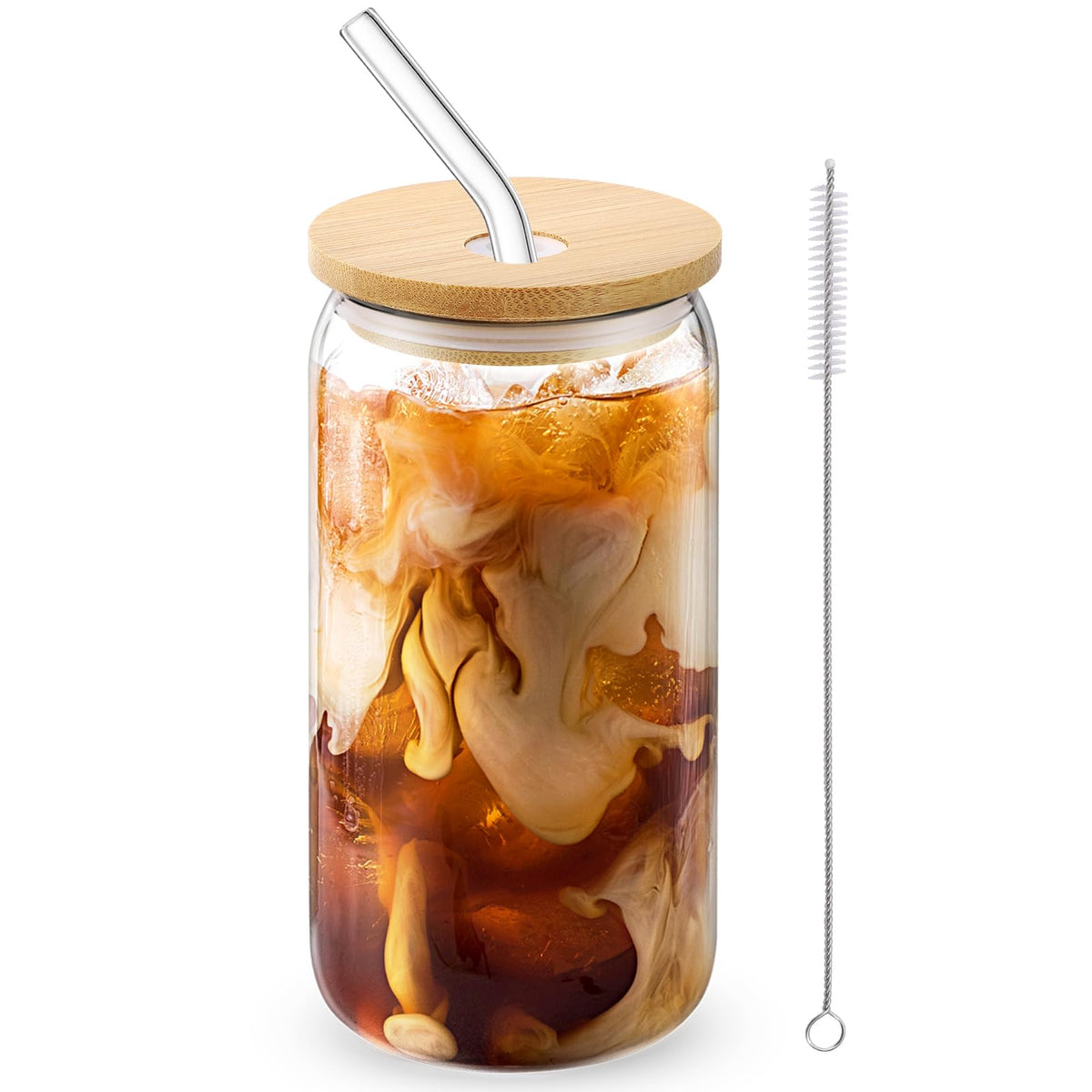 CWHHRN Glass Cups with Lid and Straw, 16oz Beer Glasses Glass Coffee Cups, Iced Coffee Cups with Lid, Glass Tumbler with Straw and Lid (8 PACK)