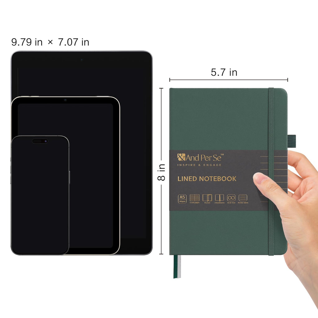 &And Per Se 10-Pack Lined Notebooks, A5 Hardcover, 160 Pages 100gsm Thick Paper, Office Supply Bulk Order, Corporate New Hire Kits, Breakroom Essentials – College Ruled, 10 Units (Green)