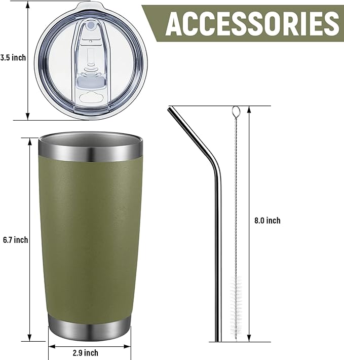 COMOOO 20oz Double Wall Vacuum Insulated Travel Mug, Stainless Steel Tumbler with Lid and Straw Durable Powder Coated Insulated Coffee Cup for Cold & Hot Drinks (Army Green, 2 Pack