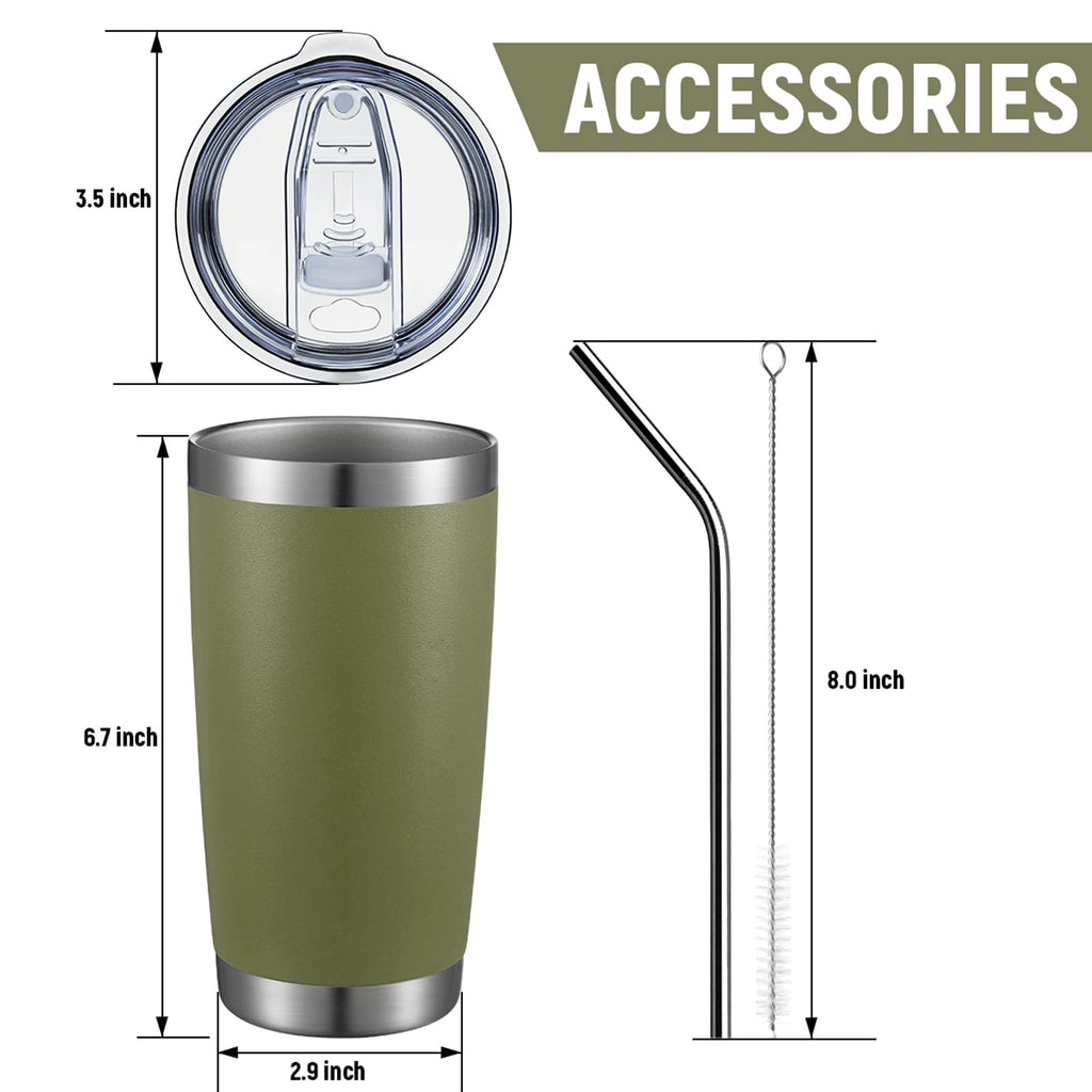 COMOOO 20oz Tumbler 8 Pack Double Wall Vacuum Insulated Travel Mug, Stainless Steel Tumbler with Lid and Straw Durable Powder Coated Insulated Coffee Cup for Cold & Hot Drinks,army green, 8 pack