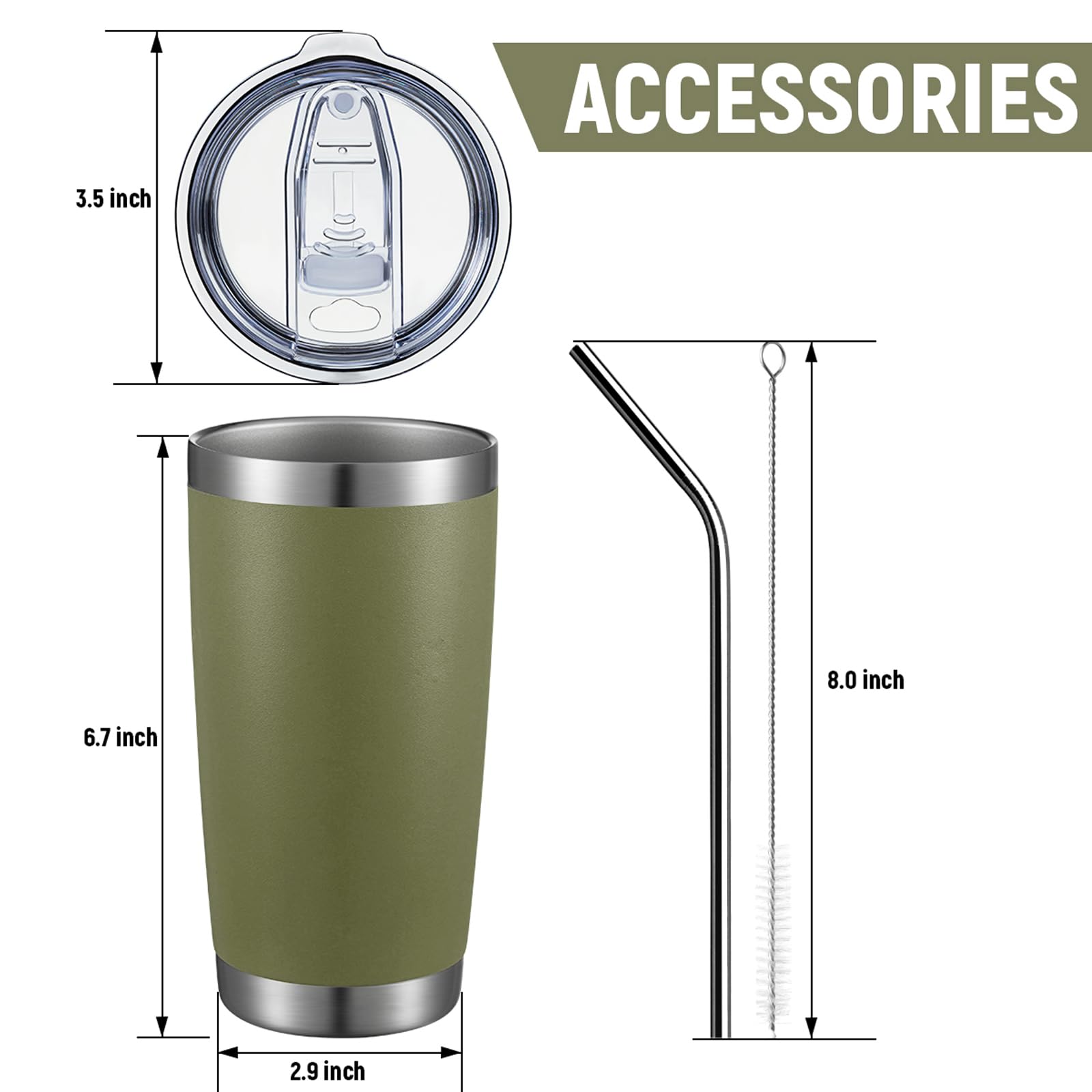 COMOOO 20oz Tumbler 8 Pack Double Wall Vacuum Insulated Travel Mug, Stainless Steel Tumbler with Lid and Straw Durable Powder Coated Insulated Coffee Cup for Cold & Hot Drinks,army green, 8 pack
