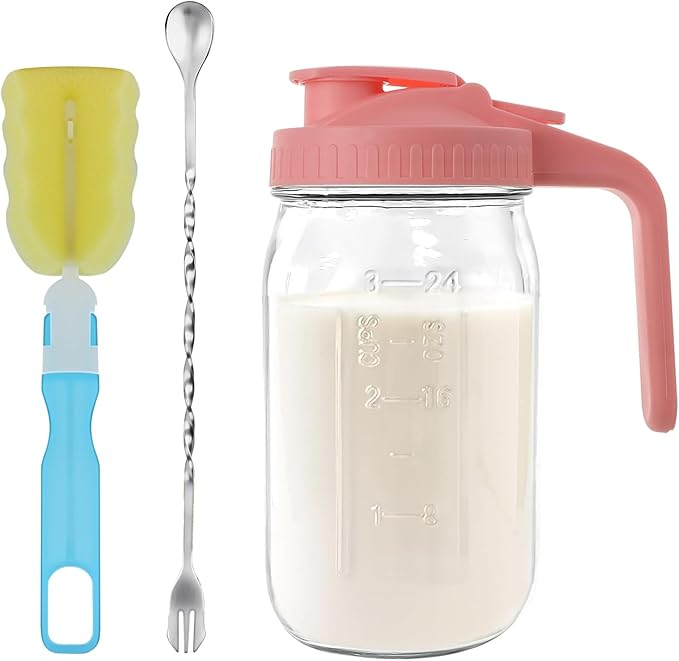 64oz Glass Pitcher with Lid &Pour Spout - 2 Quart Breastmilk Pitcher Double Leak Proof, Creamer Container for Sun Tea, Juice, Cold Brew Coffee, Breastmilk Storage Container -Pink Lid