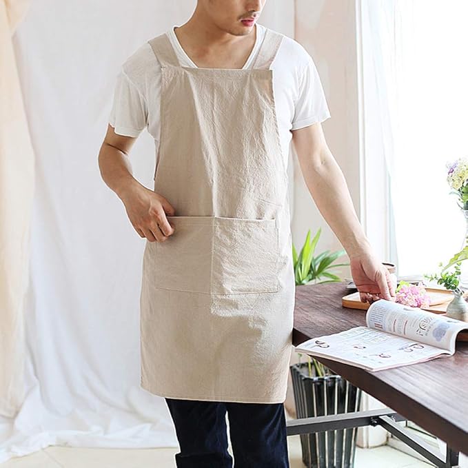 NEWGEM Japanese Linen Cross Back Cooking Aprons for Women Men with Pockets Cute for Baking Kitchen