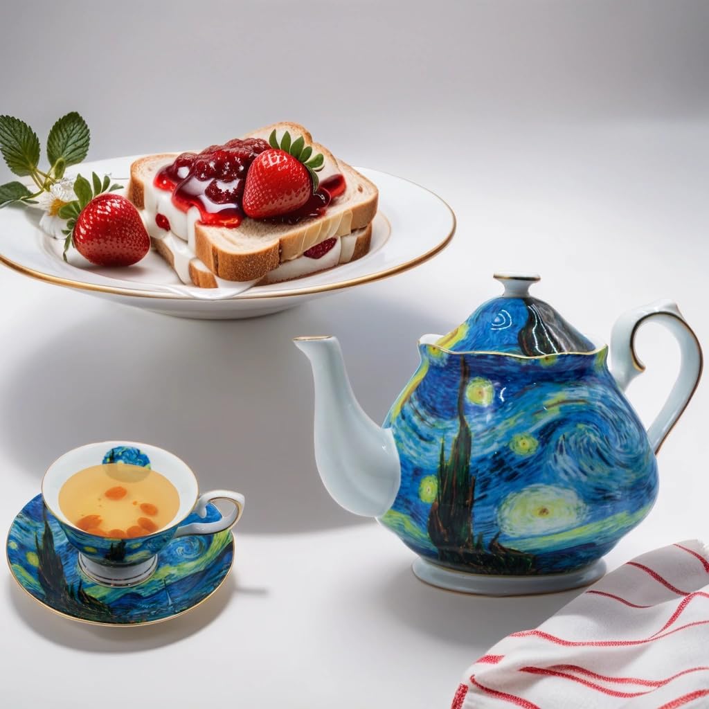 Teapot 30 oz Vangogh Paintings Bone China Loose Tea Pot Floral Design Vintage Ceramic Coffee Water Pot European Style Porcelain (Starry Sky)
