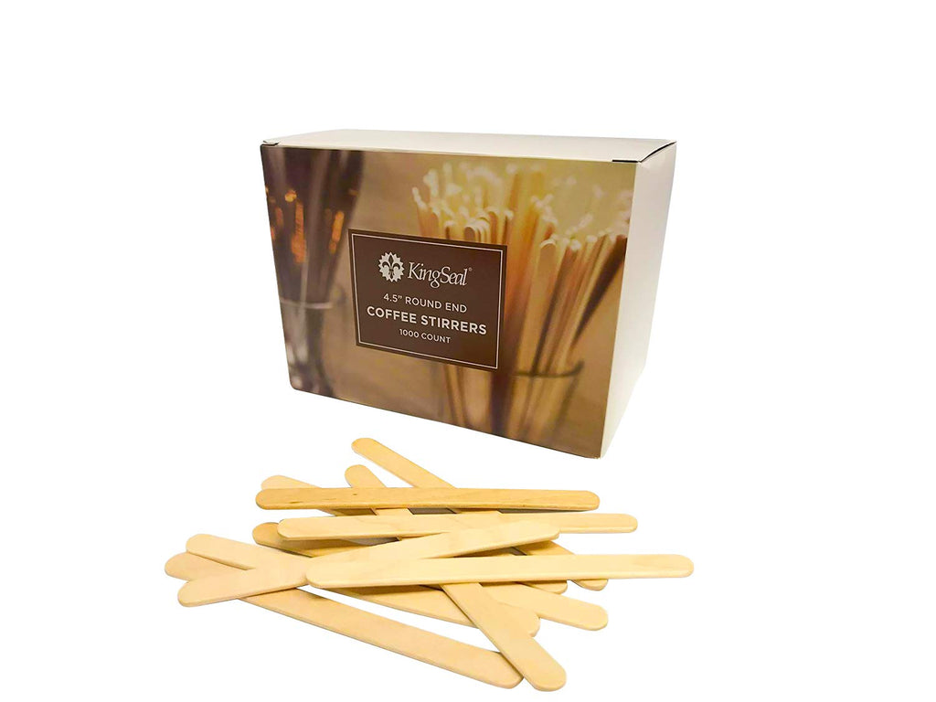 10,000 Count | KingSeal Natural Birch Wood Coffee Beverage Stirrers, Stir Sticks, Waxing Sticks, Popsicle Sticks, 4.5 Inches, Round End - 10 Boxes x 1000 Stirrers
