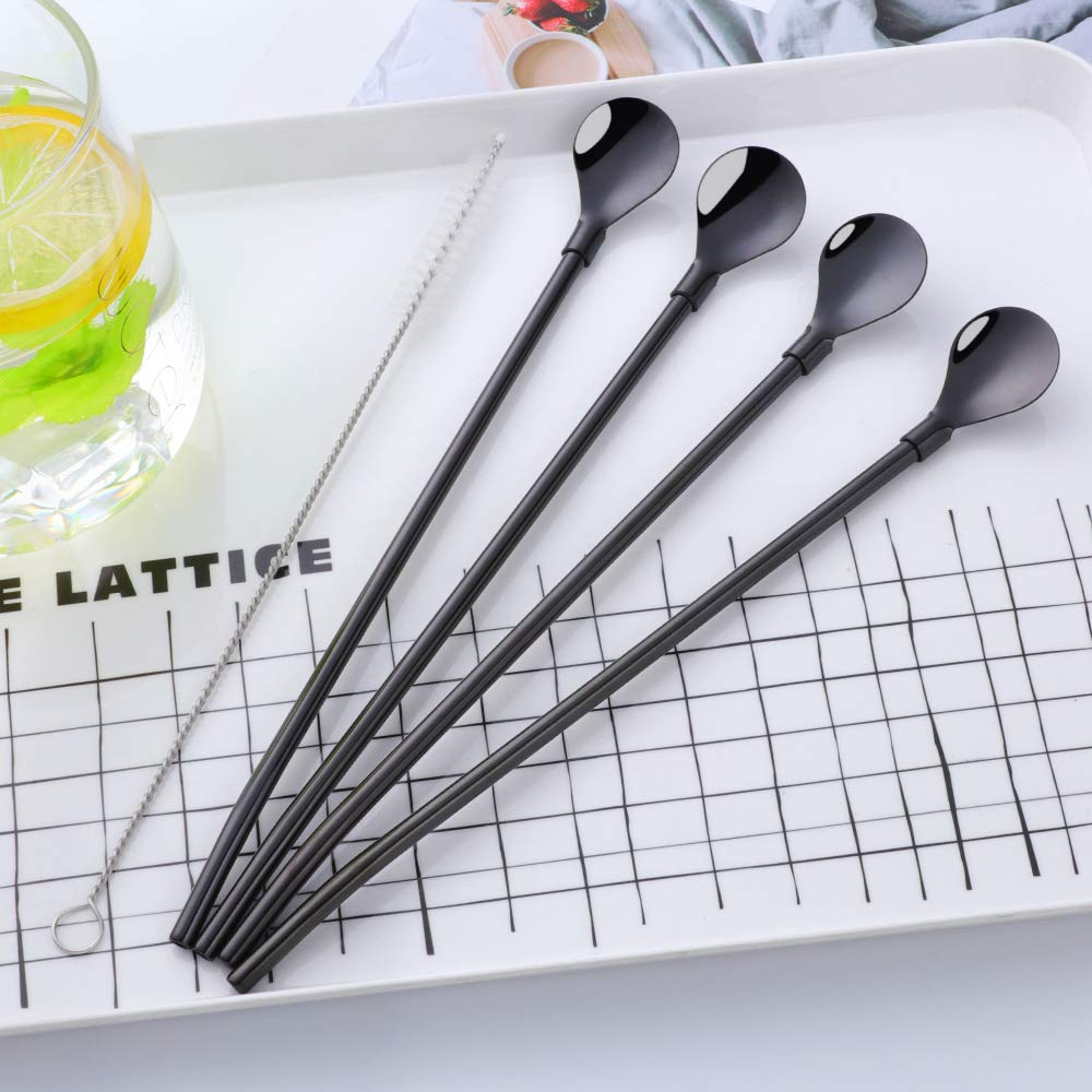 Straw Spoon, 8PCS 8.5inch 18/8(304) Stainless Steel Metal Straws Spoon Reusable Straws Spoon + 2 Brushes（Black）
