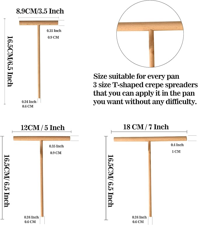 Crepe Spreader and Spatula Kit, 3.5 Inch, 5 Inch, 7 Inch T-Shaped Batter Spreaders & 13.4 Inch Spatula Turner, Pancake Tool, Natural Wood Material Crepes Sticks Fit Any Crepe Pan Maker, Pack of 4