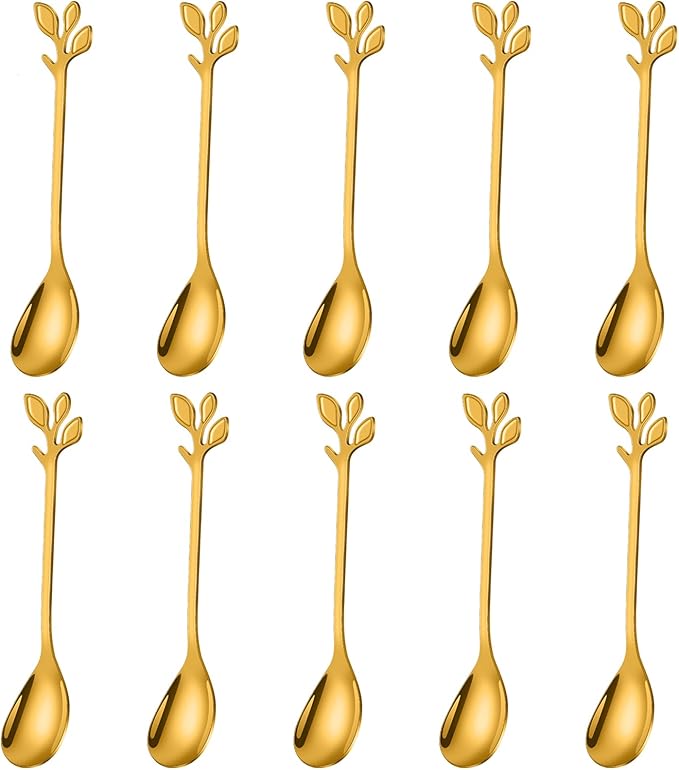 AnSaw Elegant Gold Leaf Coffee Spoons - 10-Piece, 4.7" Mini Stainless Steel Espresso & Dessert Tea Spoons, Perfect for Demitasse & Small Servings