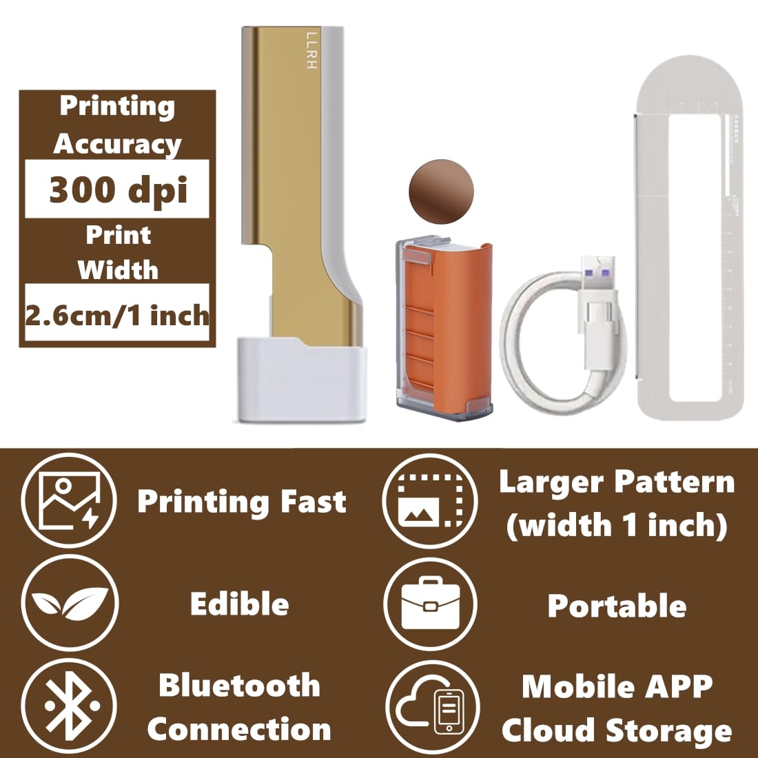 LLRH Latte Art Food PrintPen DIY Image for Coffee Beer Cocktails Macaron Cookie, Bluetooth, for Home, Small Shops (Brown)