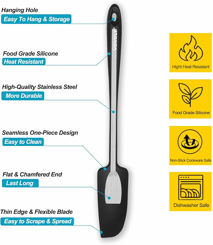 Silicone Jar Spatula, Small Rubber Scraper, Spatulas Silicone Heat Resistant, Seamless,Non StIck Cookware 11.2 Inch, Black.