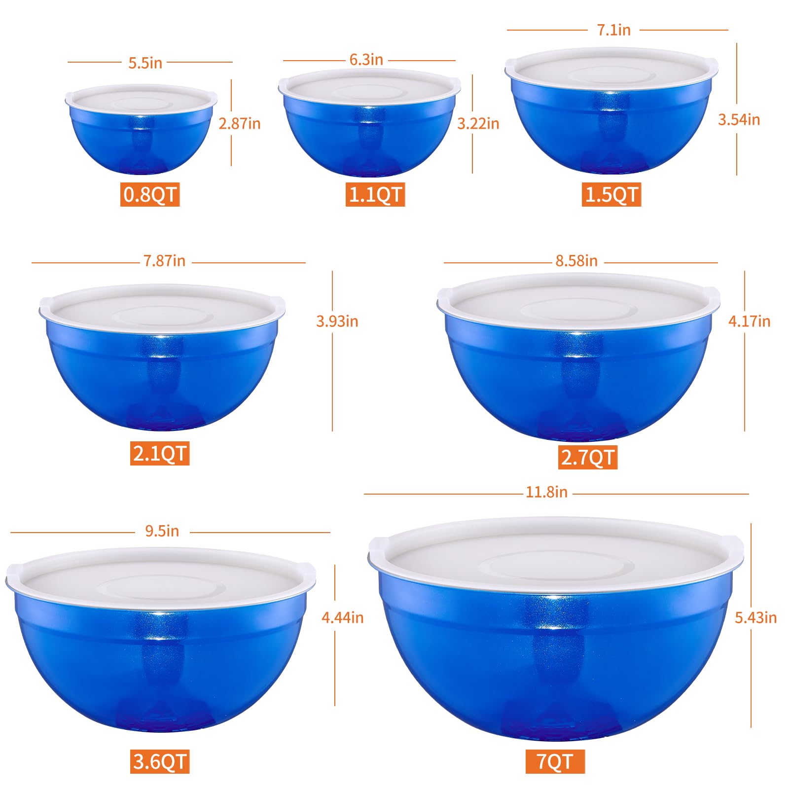 Onlycooker Blue Mixing Bowls With Airtight Lids,Stainless Steel Bowl,Salad Bowls 7 Piece Colorful Nesting Bowl Blue Kitchen Accessories,Size 7,3.6,2.7,2.1,1.5,1.1,0.8QT Stackable Design