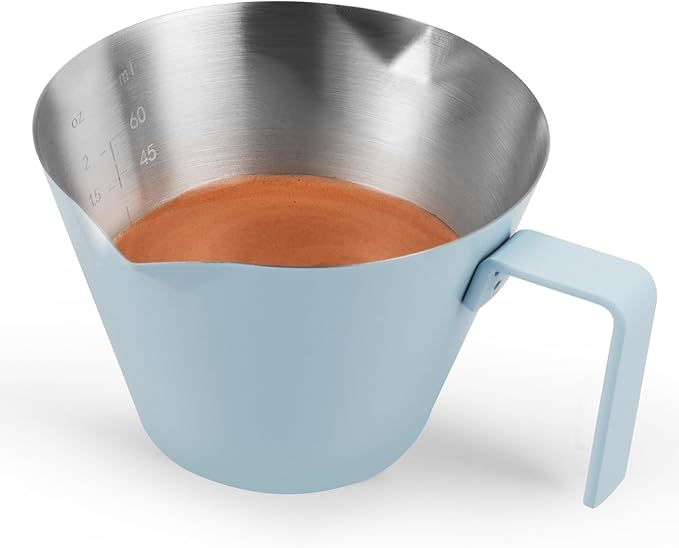 MHW-3BOMBER Espresso Measuring Cups, Double Spouts Stainless Steel Espresso Pour Cup, Espresso Shot Cups with Handle Scale, Metal Measuring Cups with V-Shaped Mouth, 3.4OZ/100ML Blue G5668-OS