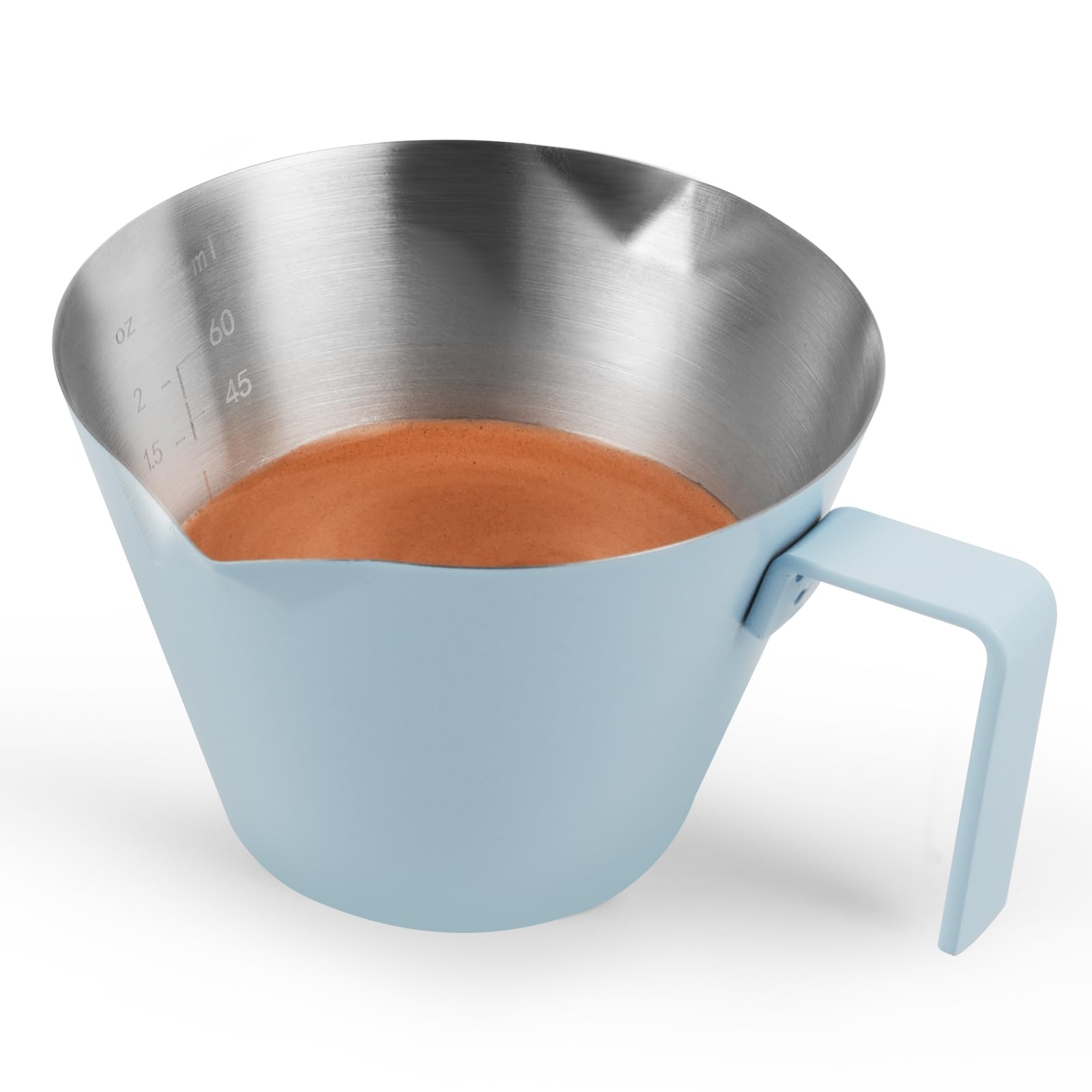 MHW-3BOMBER Espresso Measuring Cups, Double Spouts Stainless Steel Espresso Pour Cup, Espresso Shot Cups with Handle Scale, Metal Measuring Cups with V-Shaped Mouth, 3.4OZ/100ML Blue G5668-OS