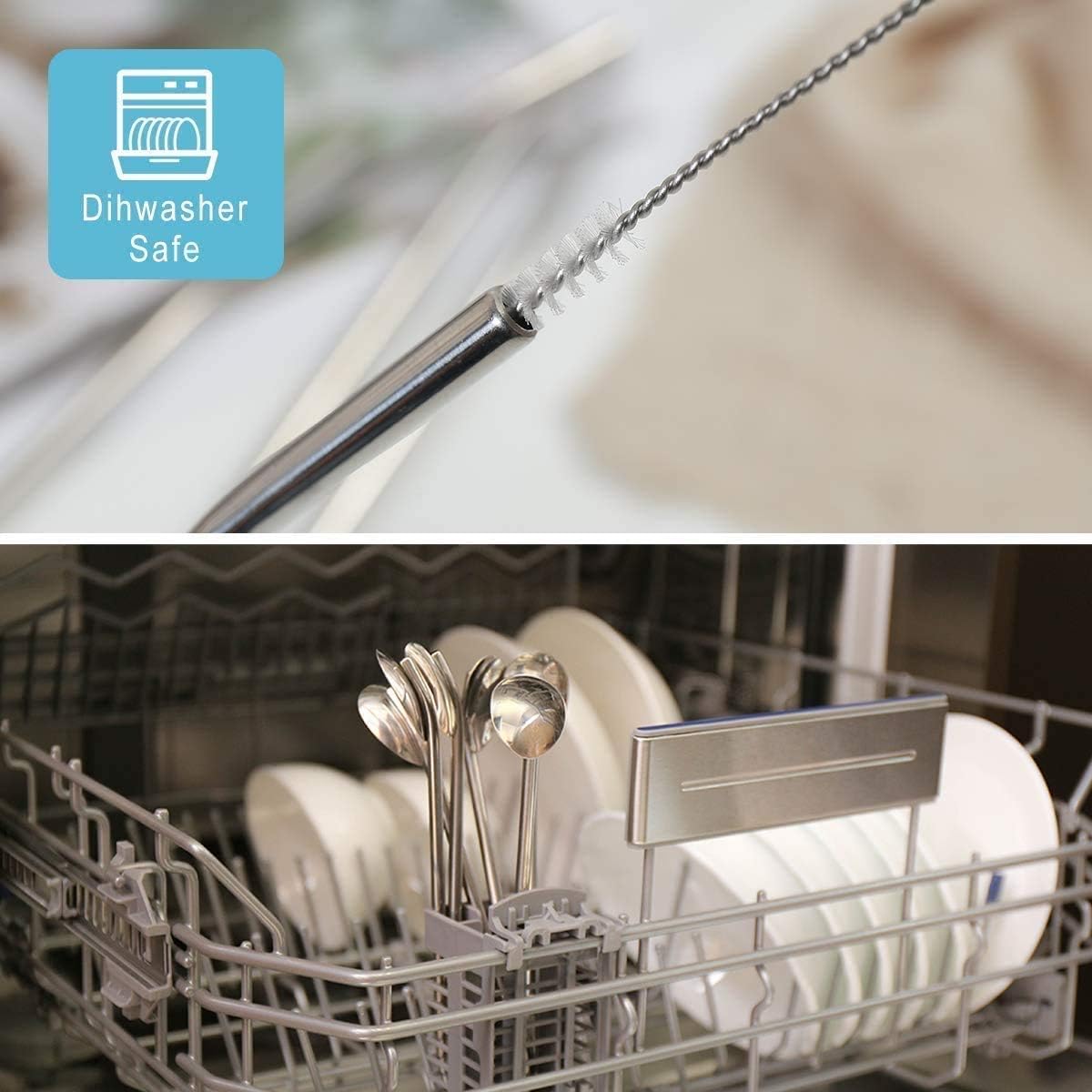 Sorfia 8pcs 2 in 1 Stainless Steel Straws Spoons with 2pcs Cleaning Brushes