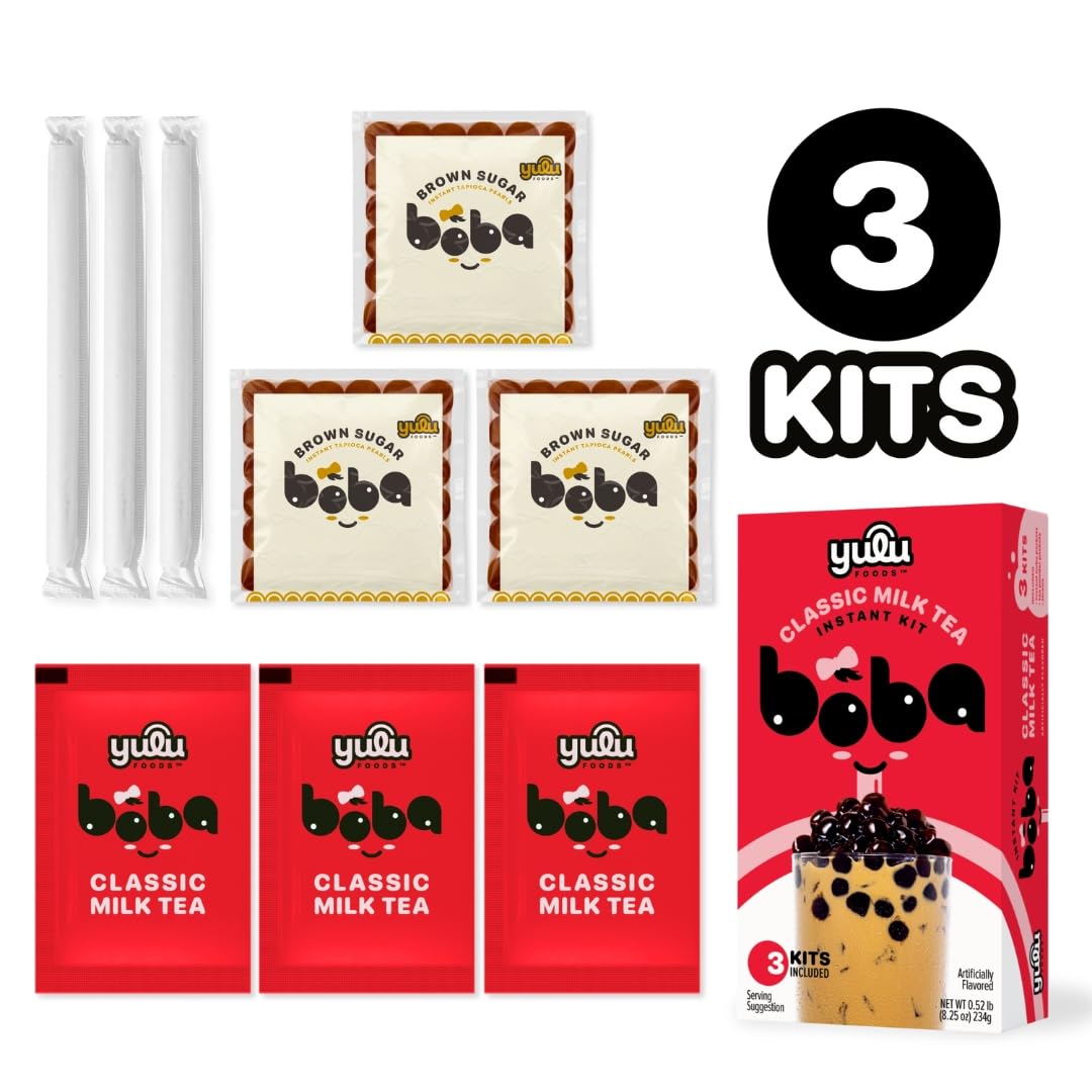 YULU FOODS Instant Bubble Pearl Classic Milk Tea Kit with Authentic Brown Sugar Tapioca Pearls, Ready in Under One Minute, Paper Straws Included – 3 Servings