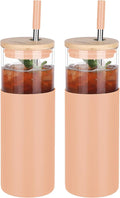 Glass Tumbler w/Lids & Straw - 24oz Reusable Glass Mug/Bamboo Lid & Stainless Steel Straw-BPA-Free,Leak-Proof,Dishwash Safe for Coffee/Smoothies/Hot Beverages, Travel/Office/Home Use,2-pk,Amber
