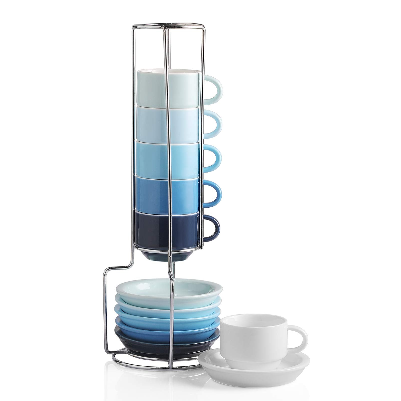 Sweejar Porcelain Espresso Cup & Saucer Set, Stackable Demitasse Cups with Metal Stand, 2.5 OZ for Latte,Coffee,Cafe Mocha,Tea, Set of 6(Blue)