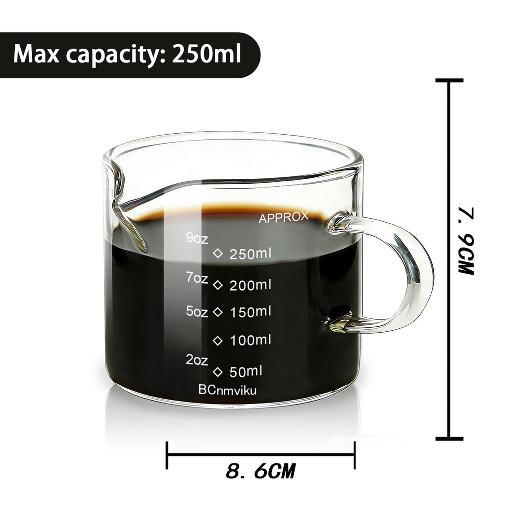 BCnmviku Espresso Cup Measuring Cup Triple Pitcher Milk Cup 250ML/8.5OZ Espresso Cups with Handle Shot Glass with V-Shaped Mouth Clear Accessories Milk Frothing Pitcher (1)