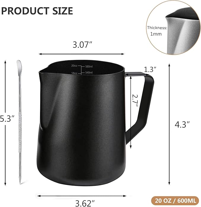 Milk Frother Pitcher 20 OZ, Espresso Milk Frothing Pitcher, Milk Steamer Cup Steaming Pitcher, Stainless Steel Coffee Froth Cup with Latte Art Pen for Coffee Cappuccino (Black)