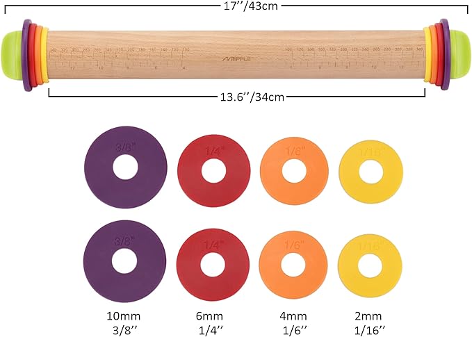 Rolling Pin with Thickness Rings for Baking,Fondant, Pizza, Pie Crust, Cookie, Pastry, Roller Rod for Dough Thickness, 13.6" Adjustable Wooden Rolling Pin with 4 Thickness Rings