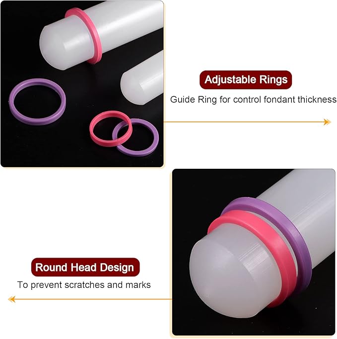 HARFINGTON 2pcs Fondant Rolling Pin 20 Inch x 0.98 Inch Adjustable Guide Rings Non-Stick PP Plastic Fondant Roller Dough Roller Kitchen Decorating Tools for Cookie Pastry Pizza Clay